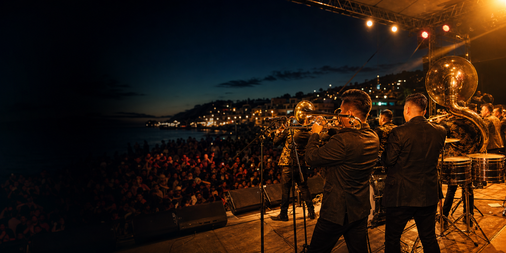 Banda tocando en un escenario de noche